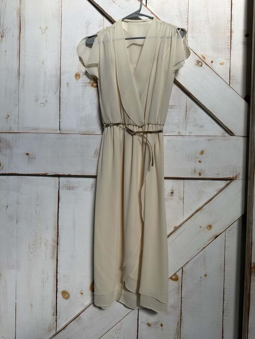A.J. Bari Vintage Cream Chiffon Faux-Wrap Midi Dress with Gold Belt